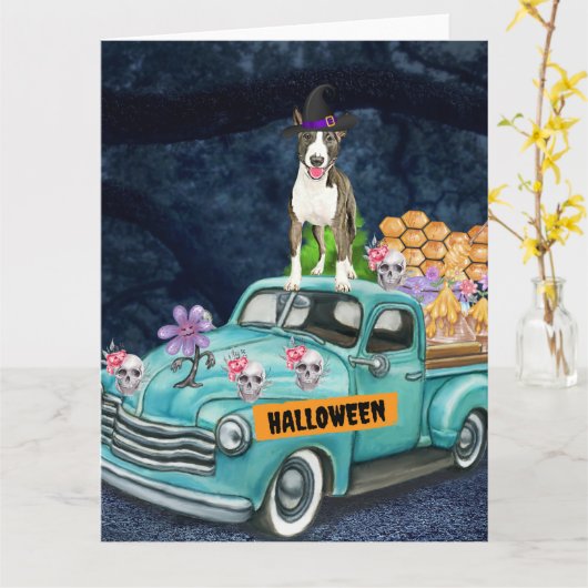 Carte Camion Halloween Bull Terrier Nuit Effrayante (Fleur jaune)