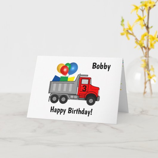 Carte Camion Red Dump Anniversaire Nom du garçon et cart (Fleur jaune)