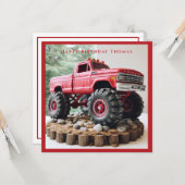 Carte Camion rouge gâteau d'anniversaire Pneus noirs Roc (Devant/Arrière en situation)
