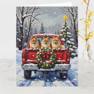 Carte Camionnette Rouge de Noël pour Pomeranian - Cadeau