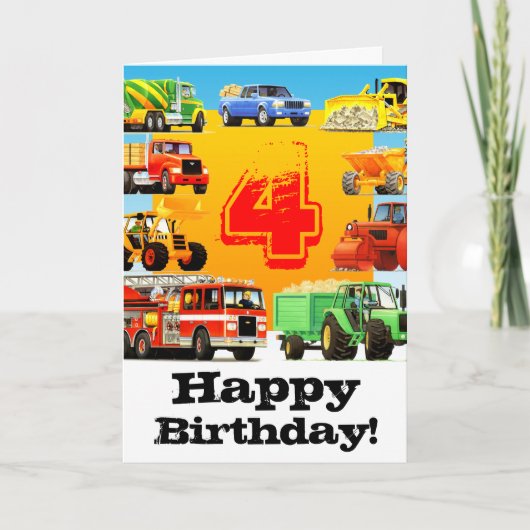 Carte Camions de 4e anniversaire du garçon (Devant)