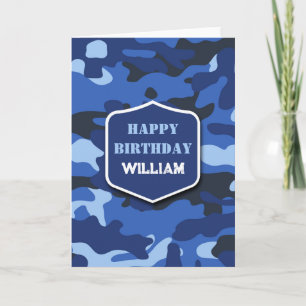 Carte Camouflage Bleu Camo Armée Monogramme Anniversaire