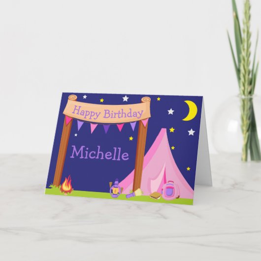 Carte Camping Anniversaire Dormir rose et violet (Devant)