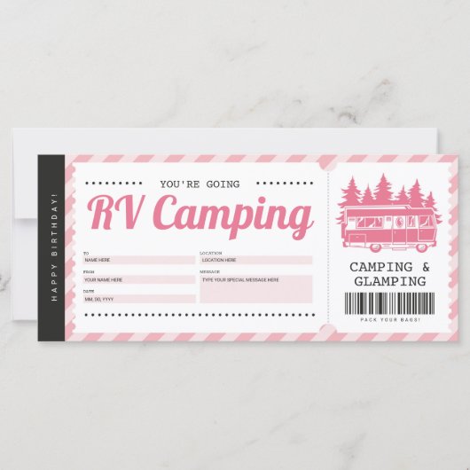 Carte Camping RV Pièce rose, Certificat de camp d'été (Devant)
