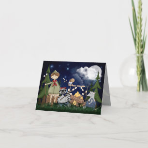 Carte Camping Scout Boy avec Raccoon et Opossum