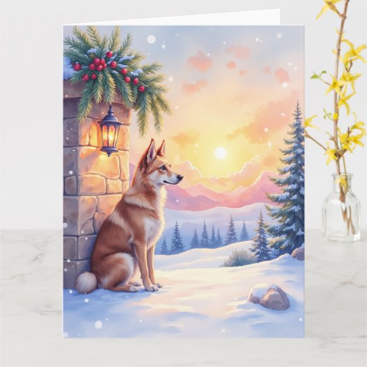 Carte Canaan Dog Desert Stone Winter Christmas Art (Fleur jaune)