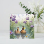 Carte Canard à l'aquarelle mignon et fleurs sauvages vie (Debout devant)