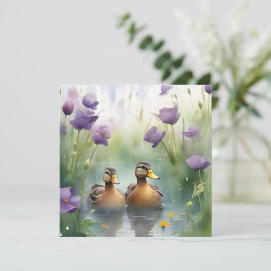 Carte Canard à l'aquarelle mignon et fleurs sauvages vie (Debout devant)