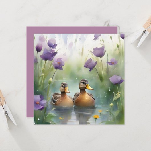 Carte Canard à l'aquarelle mignon et fleurs sauvages vie (Devant/Arrière en situation)