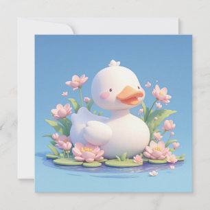 Carte Canard Blanc Mignon dans un Étang Floral en Argile