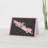 Carte Caniche à Noël dans une décapotable rose (Devant)