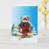 Carte Caniche dans la neige avec des cadeaux de Noël (Fleur jaune)