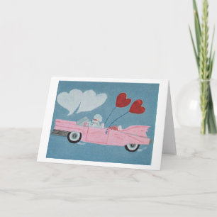 Carte Caniche dans une décapotable rose