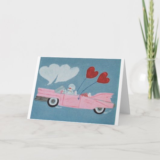 Carte Caniche dans une décapotable rose (Devant)