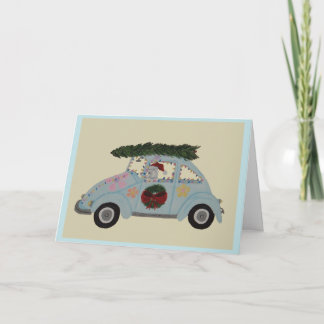 Carte Caniche dans une voiture hippie à Noël