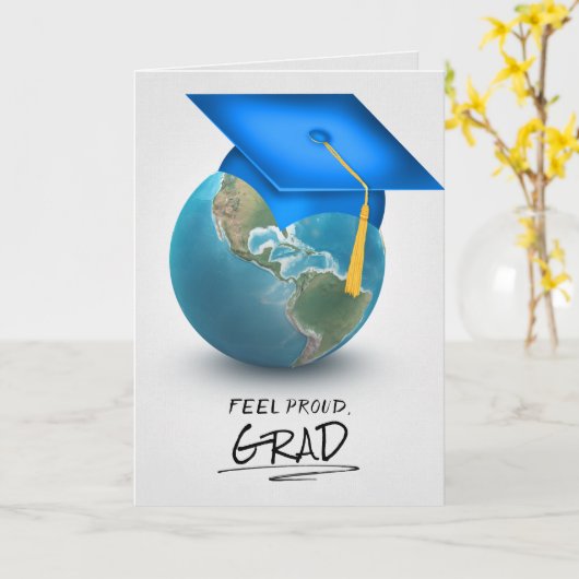 Carte cap de graduation bleu sur le globe (Fleur jaune)