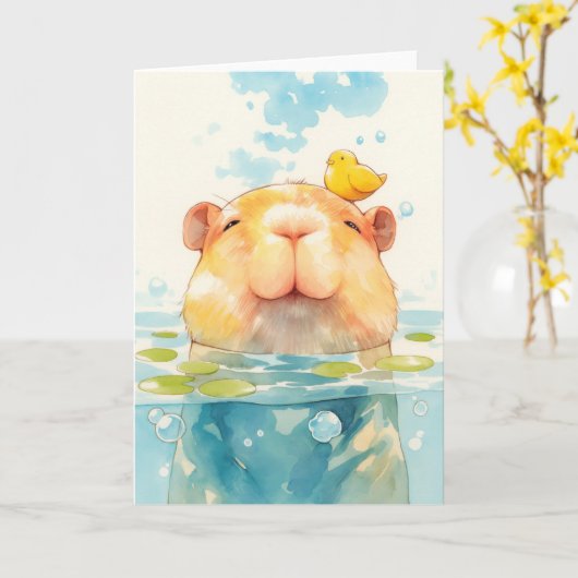 Carte Capybara et ami des oiseaux (Fleur jaune)
