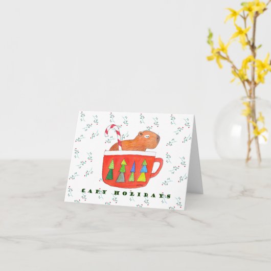 Carte Capybara Noël mignon Capybara voeux chaleureux (Fleur jaune)