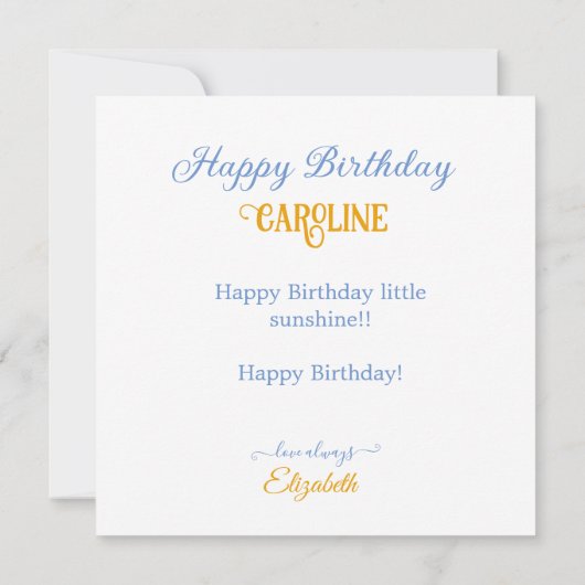 CARTE CARACTÈRES DE SOLEIL DÉCORÉS GÂTEAU D'ANNIVERSAIRE (Dos)