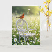 Carte Cardinal d'anniversaire sur une chaise en osier (Fleur jaune)