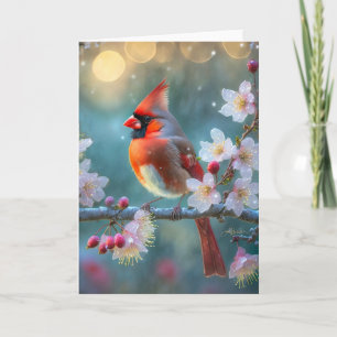 Carte Cardinal masculin en fleurs de cerisiers au clair 