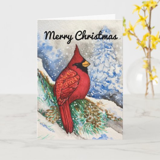 Carte Cardinal Rouge neige Joyeux Noël (Fleur jaune)
