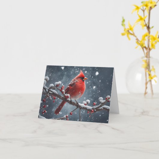 Carte Cardinal rouge sur Arbre Branche Neige Noel blanc (Fleur jaune)