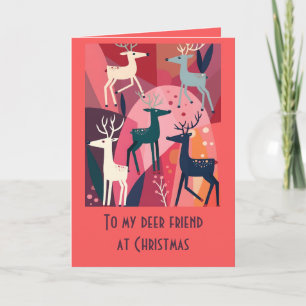 Carte Caribou de Noël Rose Kitsch Rétro Design Moderne