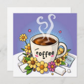 Carte Caricature à café, crème et fleur (Devant / Derrière)