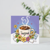 Carte Caricature à café, crème et fleur (Debout devant)