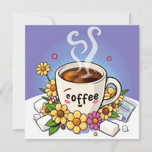 Carte Caricature à café, crème et fleur (Devant)
