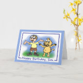 Carte Caricature d'anniversaire du fils d'un garçon et d (Fleur jaune)