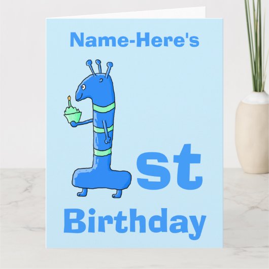 Carte Caricature de 1er anniversaire, en bleu. Nom perso (Devant)