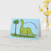 Carte Caricature de dinosaure de brontosaurus vert migno (Fleur jaune)