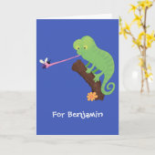 Carte Caricature de lézard de caméléon vert joyeux (Fleur jaune)