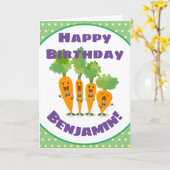 Carte Caricature du quatuor à carottes joyeux (Fleur jaune)