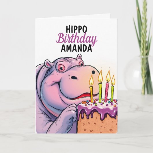 Carte Caricature gâteau pourpre Funny Hippo Anniversaire (Devant)