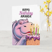 Carte Caricature gâteau pourpre Funny Hippo Anniversaire (Fleur jaune)
