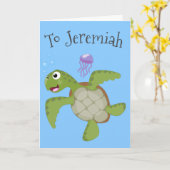 Carte Caricature joyeuse de tortue de mer verte mignonne (Fleur jaune)