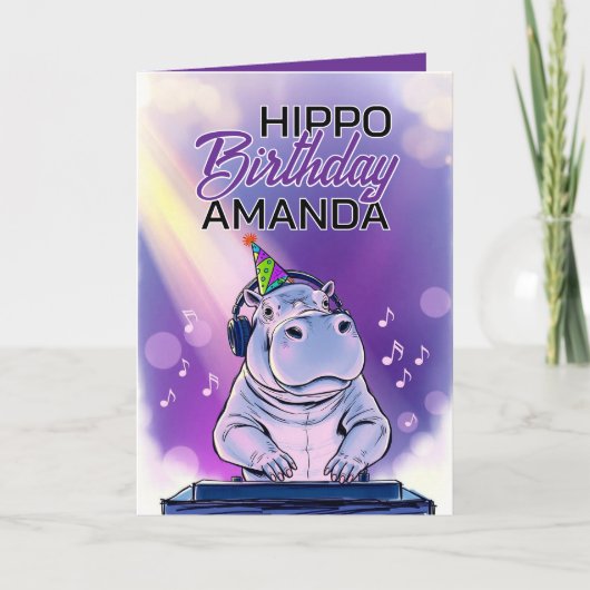 Carte Caricature Violet Dj Hippo Anniversaire (Devant)