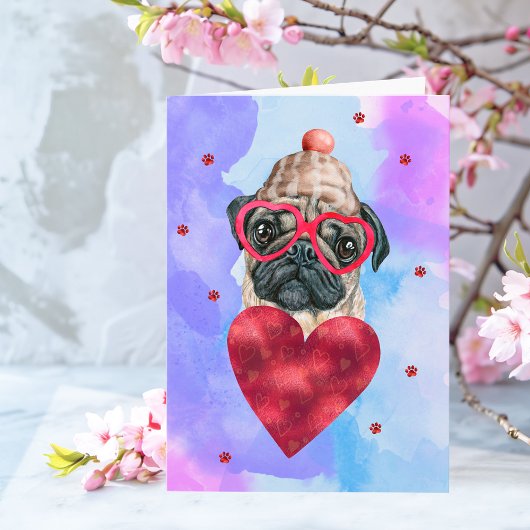 Carte Carlin bleu violet Valentine's Day Cadeau chien