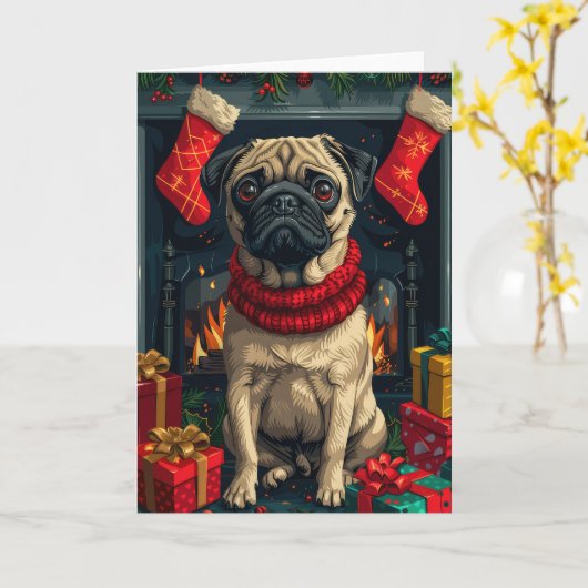 Carte Carlin chien avec cadeaux de Noël cheminée (Fleur jaune)