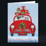 Carte Carlin Chien En Voiture Avec Le Père Noël<br><div class="desc">Le Père Noël conduisant une voiture portant des cadeaux de Noël avec un chien est une idée cadeau de Noël parfaite pour vos amis amoureux de les chiens. C'est sûrement un must de noël déco et idée cadeau de Noël.</div>