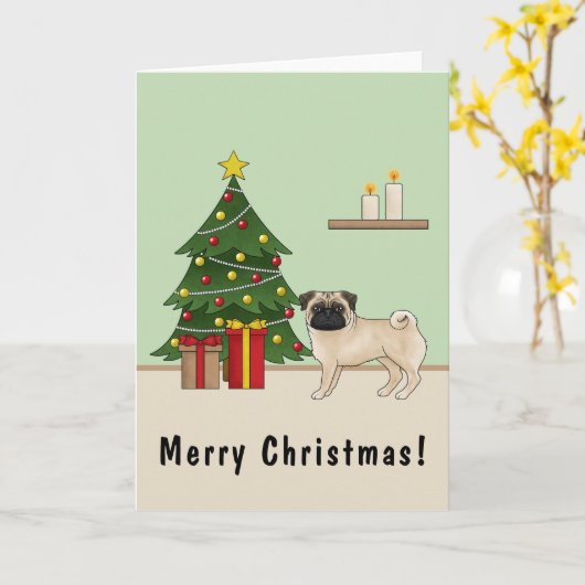 Carte Carlin Faune Mignonne Caricature Chien Avec Arbre (Fleur jaune)