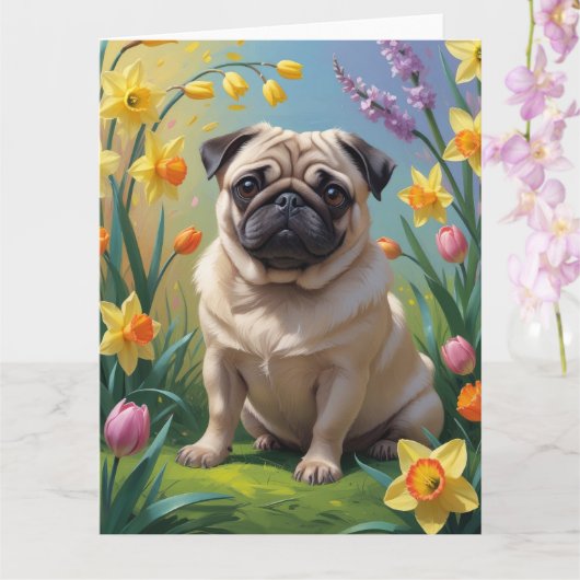 Carte Carlin Fleurs de printemps de chien Peinture (Orchidée)