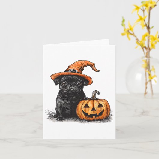 Carte Carlin Noir Avec Casquette Sorcière Et Carlin Citr (Fleur jaune)