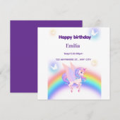 Carte Carton d'invitation d'anniversaire Licorne Arc-en- (Devant / Derrière)