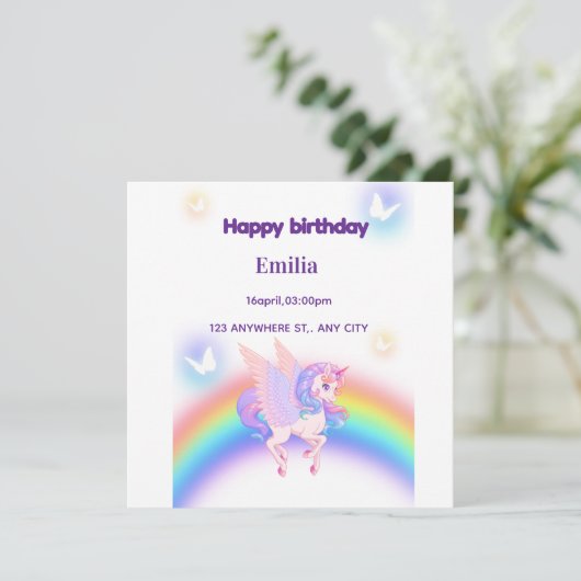 Carte Carton d'invitation d'anniversaire Licorne Arc-en- (Debout devant)