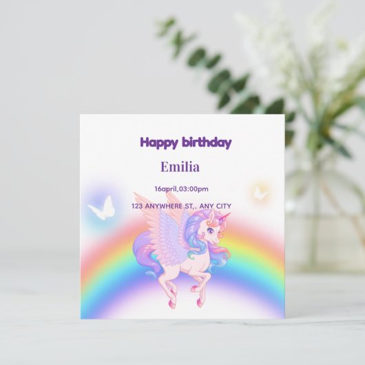 Carte Carton d'invitation d'anniversaire licorne arc-en- (Debout devant)