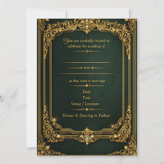 Carte Carton d'invitation de mariage royal en or et vert
